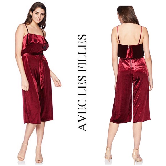 NWT Avec Les Filles Cropped Velvet Ruffled Jumpsuit Wine Red Burgundy - Picture 5 of 8